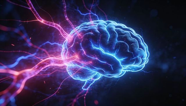 Glowing neural brain network connecting with magenta filaments and electric sparks