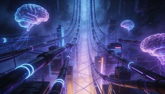 Neon pipeline network linking holographic brains over cyberpunk city gorge nightfall