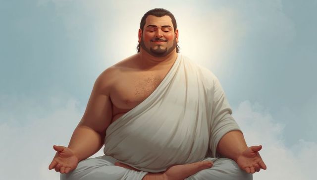 Meditating smiling man in white robe with halo, lotus pose serenity and ethereal backlight
