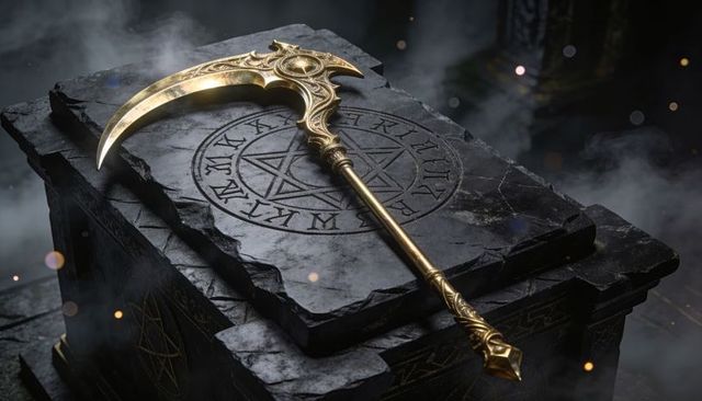 Ornate golden scythe resting on carved stone altar with pentagram rune and drifting mist
