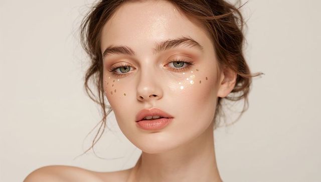 Dewy skin beauty portrait with gold cheek sequins, natural makeup closeup