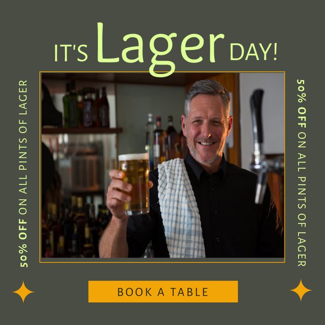 Lager Day: Cheerful Bartender Holding Beer Mug with 50 percent Off Offer - Download Free Stock Templates Pikwizard.com