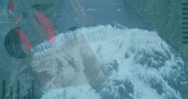 Waterfall with Digital Infographics Overlay in Forest Setting