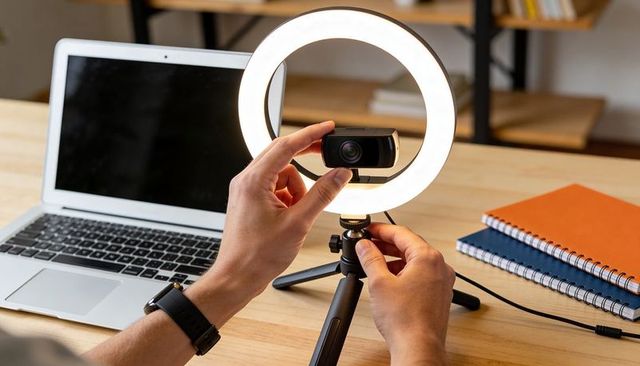 Adjusting Webcam on Tripod with LED Ring Light at Minimal Home Desk for Streaming