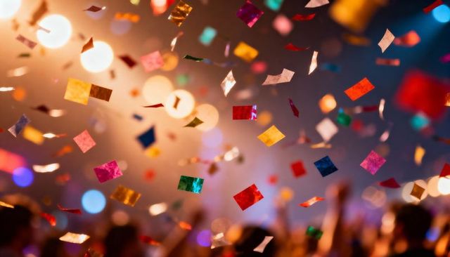 Colorful confetti falling over concert crowd under bright stage lights
