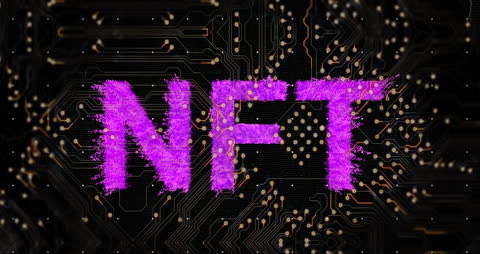 Futuristic Neon NFT Technology Text on Circuit Board