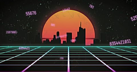 Retro Futuristic Digital Landscape with City Silhouette