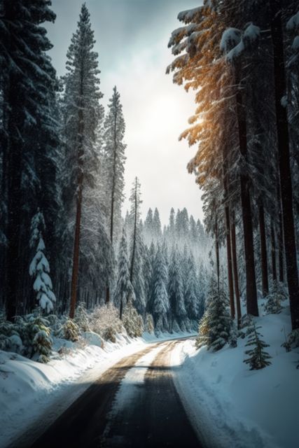 Snow-covered road curving through tranquil forest with tall pine trees and beautiful sunlight breaking through. Perfect for depicting winter travel, serene nature landscapes, adventure activities, and scenic snowy environments. Ideal for use in travel guides, outdoor adventure promotions, and nature conservation materials.