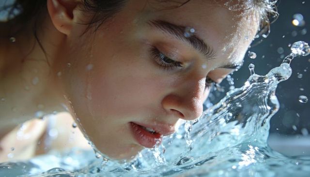 Young woman splashing water on face closeup skincare beauty refreshment concept