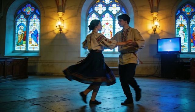 Couple spinning in embroidered folk costumes inside historic chapel with stained glass