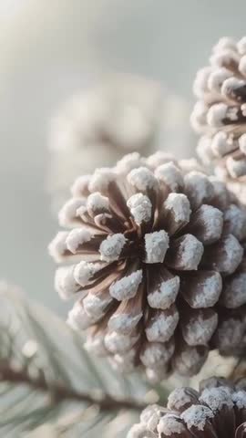 Shifting focus to frosted pine cone on evergreen branch vertical macro video