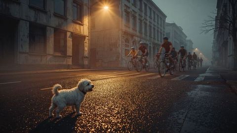 Barking dog stands on misty city street as cyclists pedal past