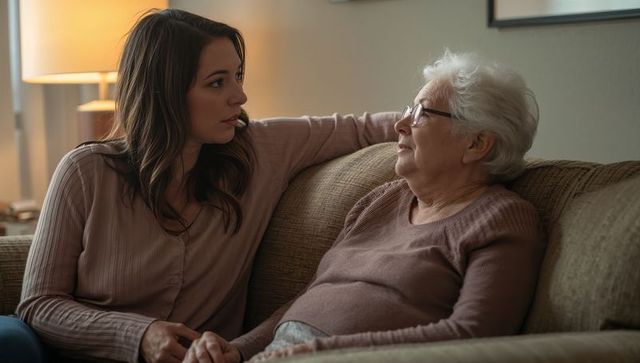 Adult daughter comforting elderly mother on couch at home, intimate caregiving scene