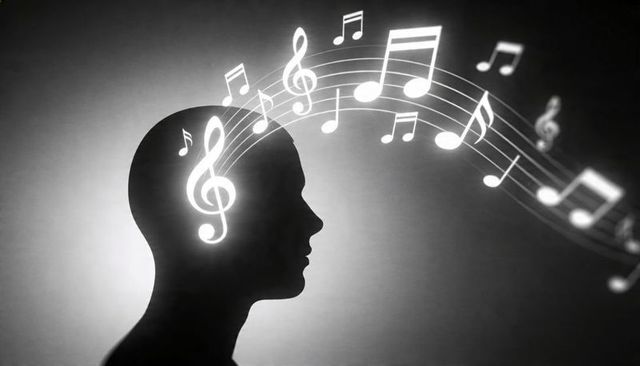 Silhouette head emitting luminescent musical notes with treble clef - concept of creative mind
