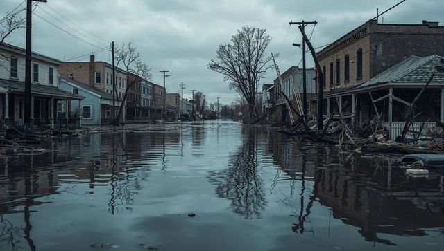 Desolate flooded street in abandoned town