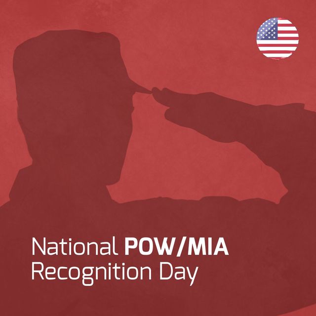Image of national pow mia recognition day on red background with soldier and flag of usa. American patriotism, army and memorial concept.