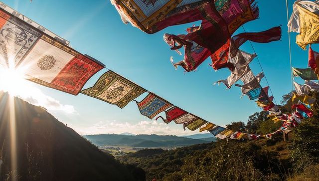 Sunlit prayer flags fluttering over mountain valley at sunrise with sunburst flare