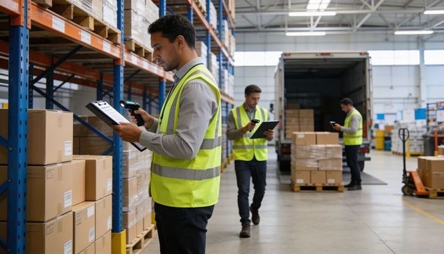 Warehouse team scanning inventory and checking shipments at busy loading dock