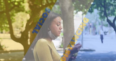 Asian Woman Enjoying Snack Outside with Social Distancing Message