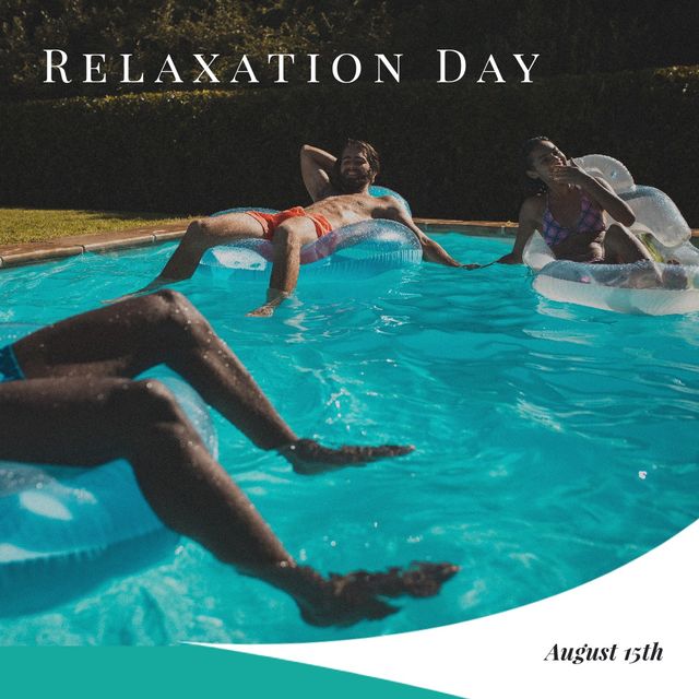 Group of multiracial friends laughing and lounging in inflatable floats in a swimming pool. Ideal for content related to summer holidays, relaxing activities, outdoor fun, vacation vibes, and group leisure activities. Great for social media posts, lifestyle blogs, and holiday promotions.
