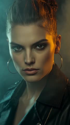 Vertical fashion video showing model holding intense gaze, blinking, resuming stare