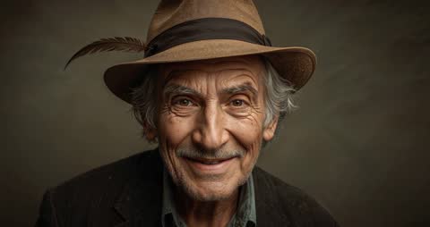 Elderly Man Smiling with Feather Adorned Hat