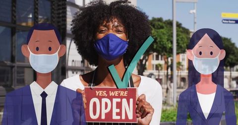 Woman wearing face mask holding yes we are open sign with green checkmark, reopening