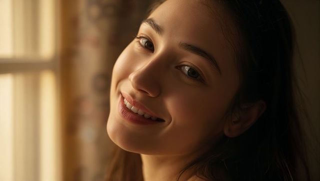 Smiling woman leaning toward camera in warm window light intimate golden glow portrait