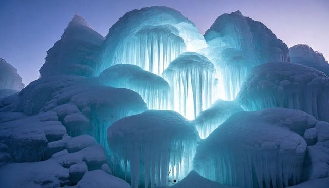Glowing Ice Domes Cascading Icicles at Twilight with Cyan Backlit Glow