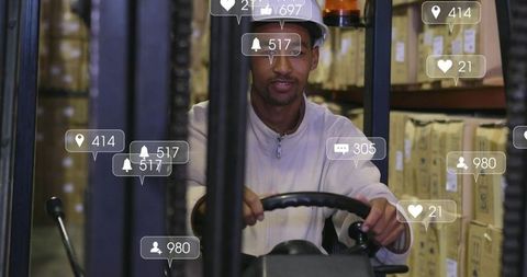 Warehouse forklift operator navigating aisles wearing hard hat with notification overlays