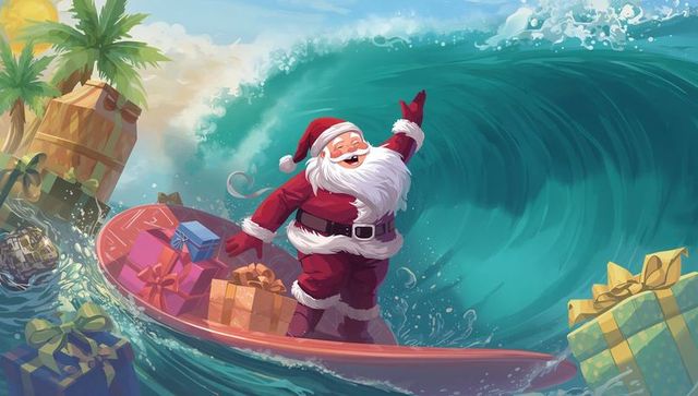 Santa claus surfing waves after delivering gifts in tropical island vibe