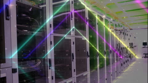 Colorful Neon Streams Over Server Racks in Data Center