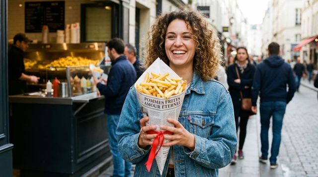 Smiling woman holding cone of french fries with red ribbon on bustling cobblestone street