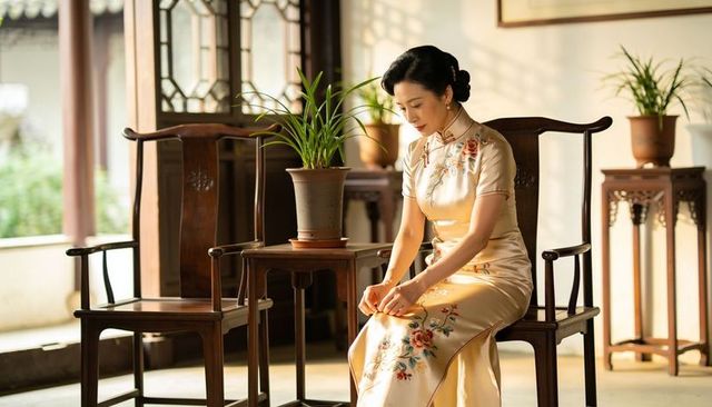 Sitting woman wearing embroidered qipao on carved wooden chair in serene classical interior