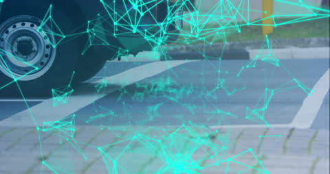 Futuristic Road Network with Digital Grid and Car