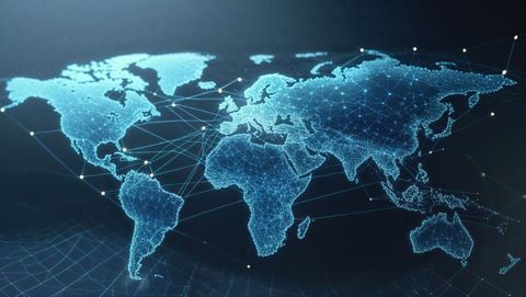 Digital World Map with Connected Glowing Nodes and Lines