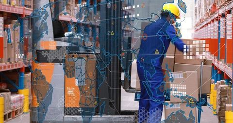 Warehouse worker moving boxes with global logistics overlay showing inventory and forklift