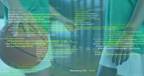 Women holding basketball on court with code overlay, sports tech and team training concept