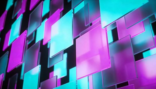 Floating translucent neon glass panels forming diagonal depth in cyan and magenta abstract