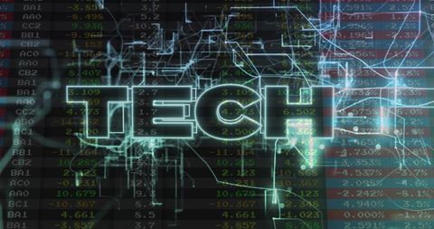 Neon TECH logo reacting to live market data with circuitry, tickers and analytics dashboard