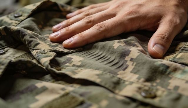 Resting hand on folded digital camouflage jacket showing buttons, seams and fabric texture