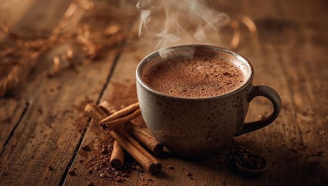Cozy Ceramic Mug with Steaming Cocoa and Cinnamon Sticks