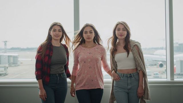 Three young women standing at airport terminal window wearing jeans and casual tops