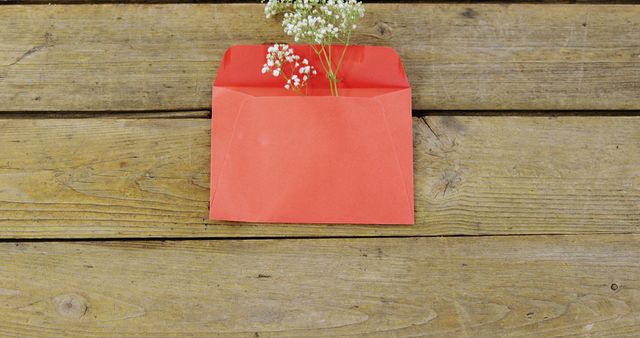 Close-up of white flower in envelope on wooden plank