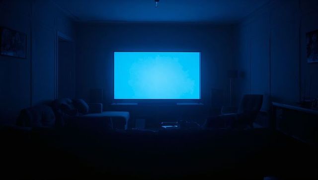 Blue-lit living room with large tv casting ambient glow over sectional sofa and console