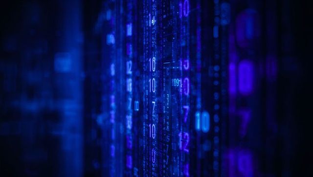 Futuristic glowing binary code in virtual cyberspace