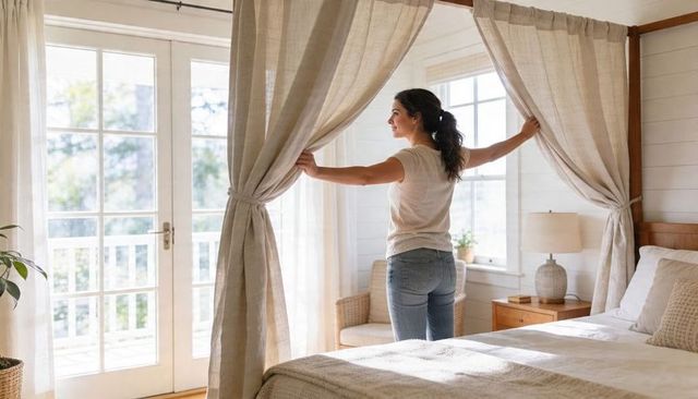 Woman opening linen curtains to sunlit bedroom balcony morning light cozy interior