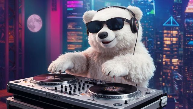Polar bear dj mixing vinyl on neon rooftop nightclub with headphones and sunglasses