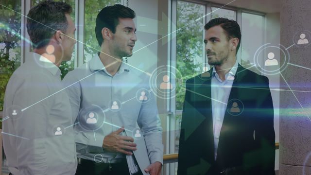 Three caucasian businessmen are talking and networking in a professional setting with a digital technology overlay featuring connectivity icons and holograms. This video conveys themes of networking, collaboration, and technological innovation, making it useful for business or technology-related content, presentations, and advertisements that emphasize modern communication and connectivity.