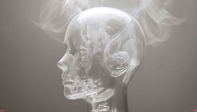 Translucent glass head with pixelated face and ethereal vapor for futuristic ai concept